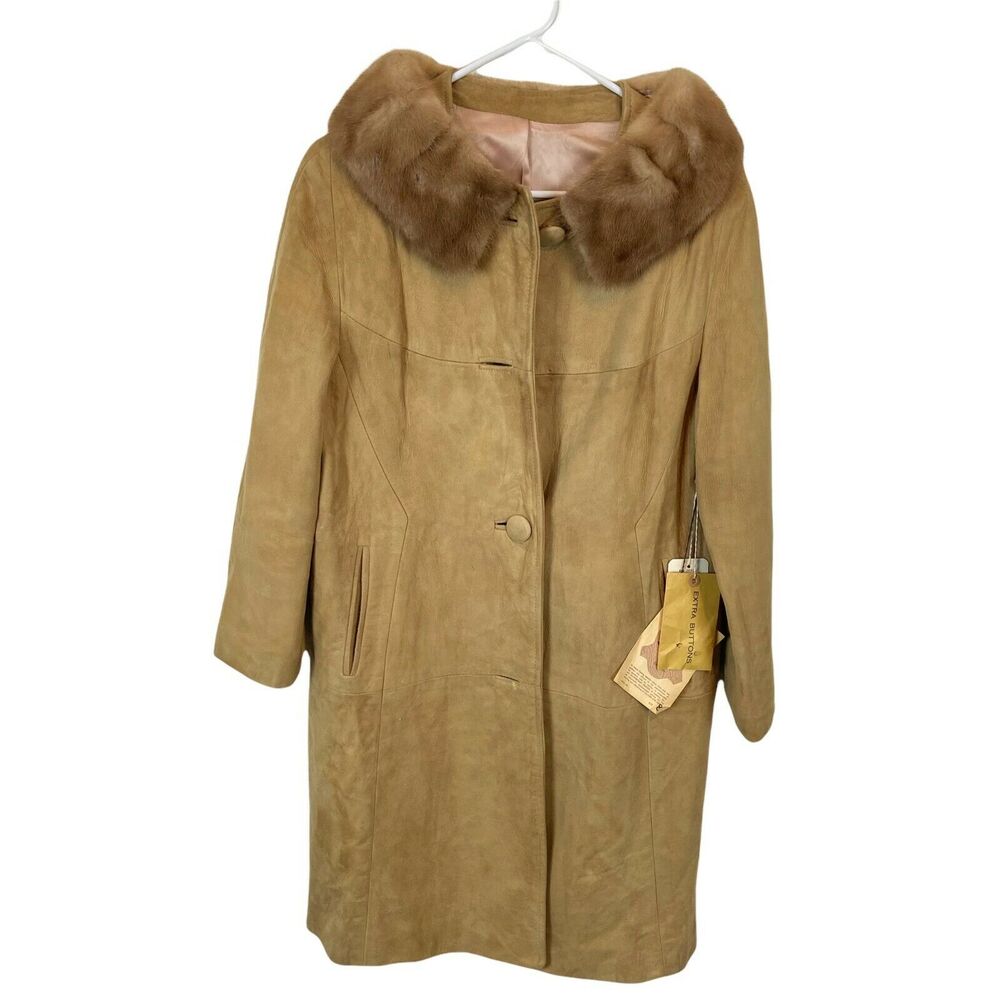 Suede And Mink Overcoat  Vintage 1949 Leathercraft Womens Brown Long Sleeve Sz 8